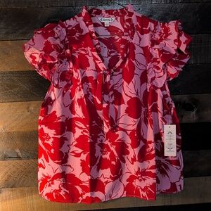 Nannete  Red and Pink Floral Blouse Short Sleeve Size L